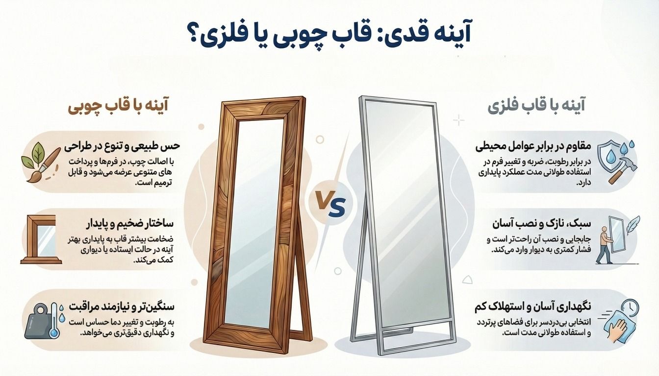 آینه قدی چوبی یا فلزی و معرفی مدرن ترین ها تفاوت آینه قدی قاب چوبی با فلزی