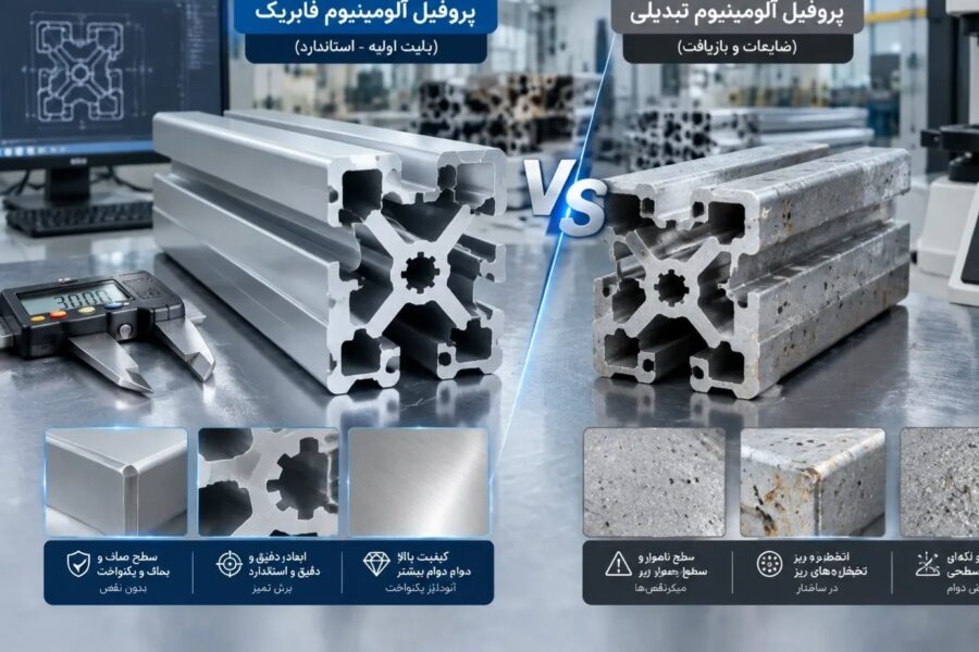 مقایسه ظاهری و ساختاری پروفیل آلومینیوم فابریک و پروفیل تبدیلی ضایعاتی در آزمایشگاه کنترل کیفیت آلوم صنعت