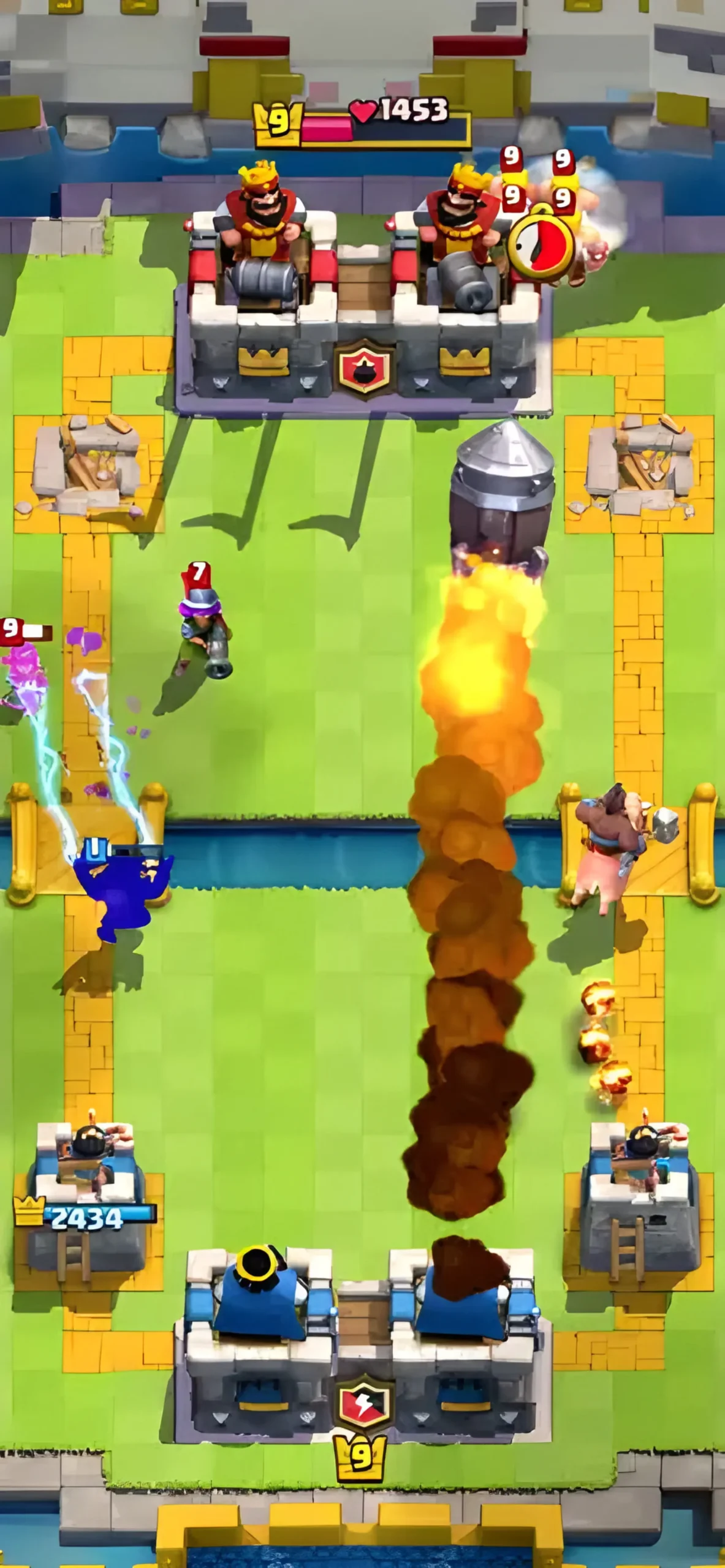 میدان نبرد در بازی کلش رویال (Clash Royale) با قلعه‌ها و نیروهای مختلف